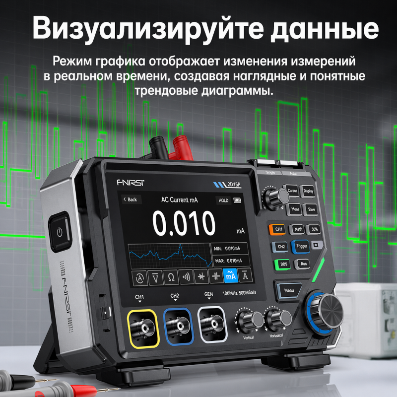 картинка Осциллограф Fnirsi 2D15P, 100 МГц, 2 канала, генератор 10 МГц от магазина "мир Электроники"