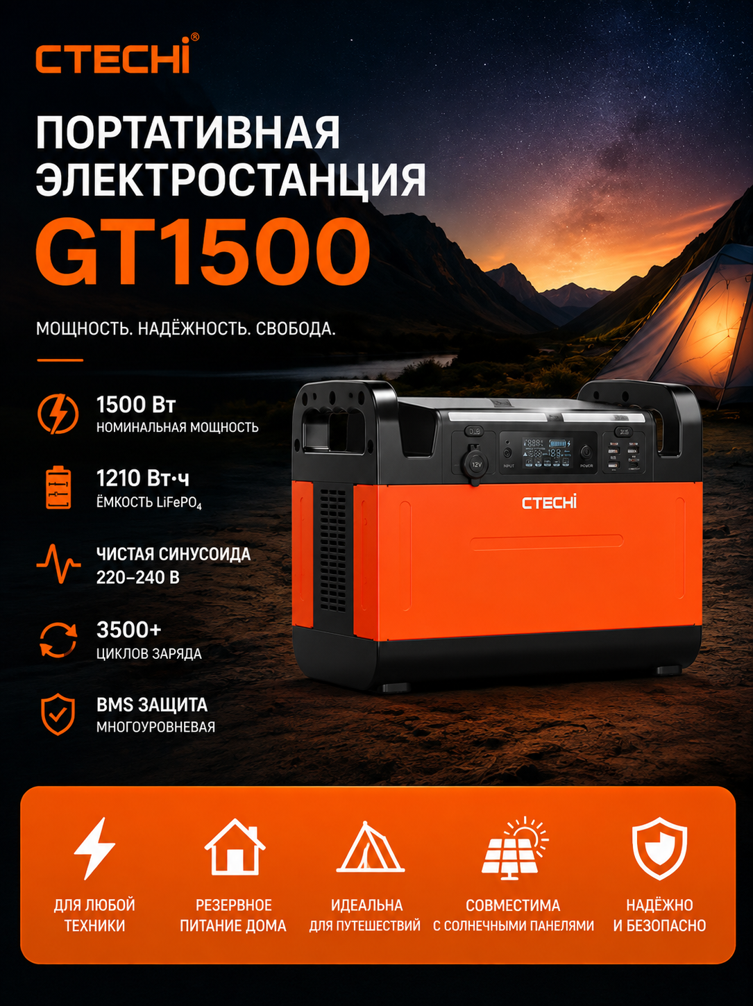 картинка Портативная электростанция CTECHI GT1500, 1210 Втч, 1500 Вт от магазина "мир Электроники"