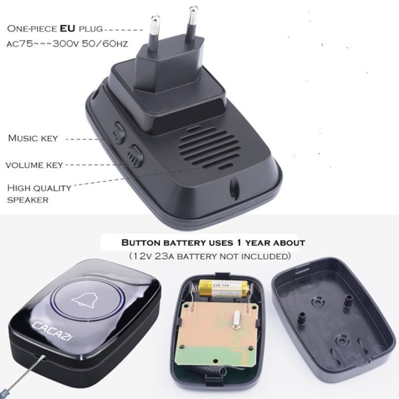 картинка Звонок беспроводной CACAZI A10, (AC) 300 м, 60 мелодий, черный от магазина "мир Электроники"