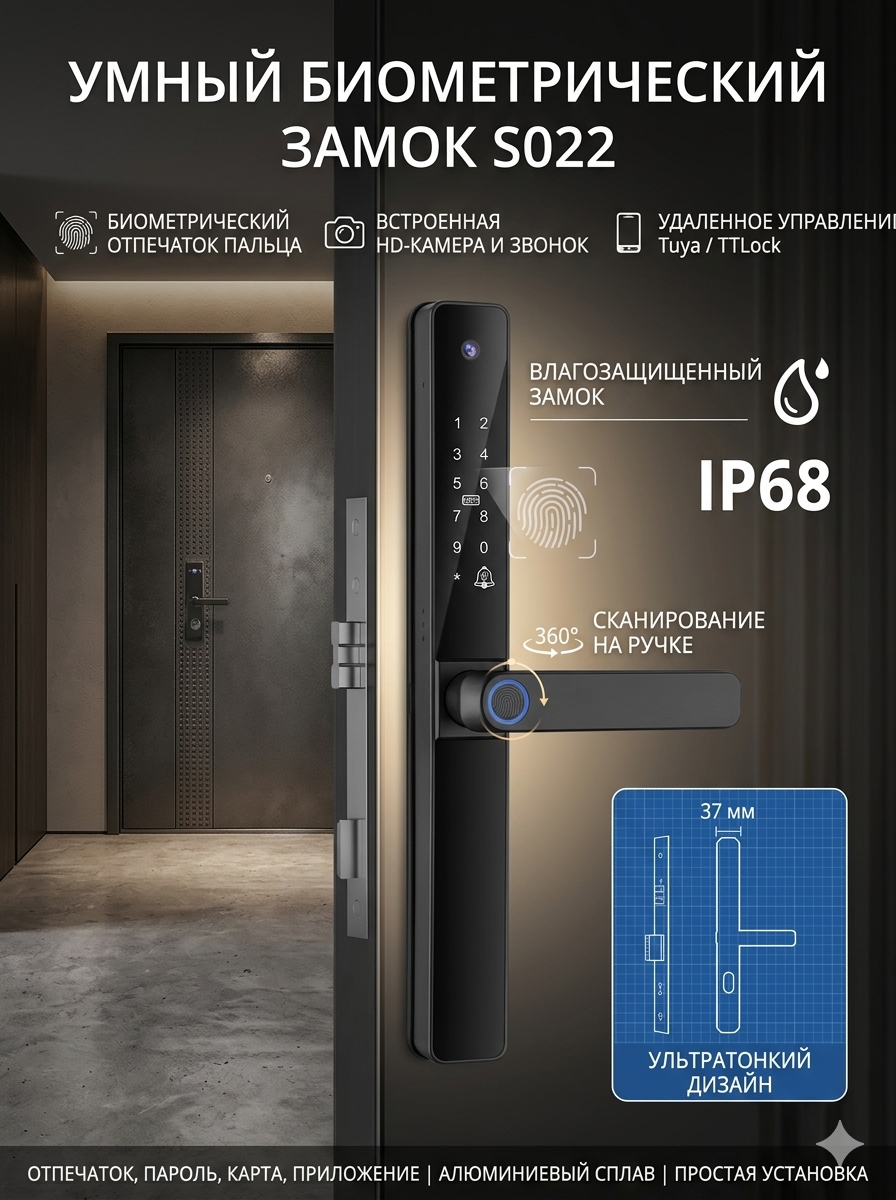 картинка Замок дверной Tuya S022, WIFI, видеоглазок, IP68, 4585, черный от магазина "мир Электроники"