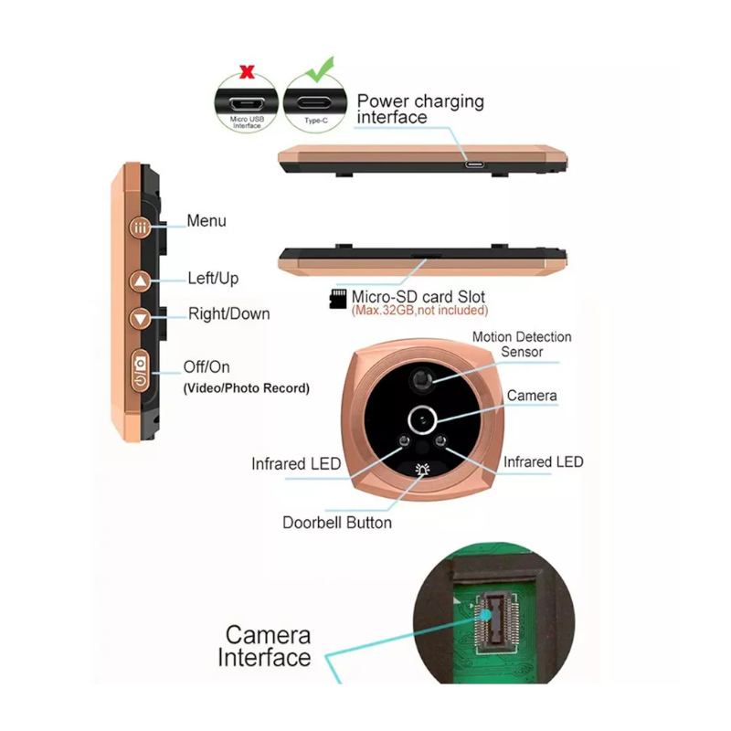 картинка Видео-глазок TP-P01, 3,5", 720P, IR, PIR, фото, видео,3800 мАч от магазина "мир Электроники"