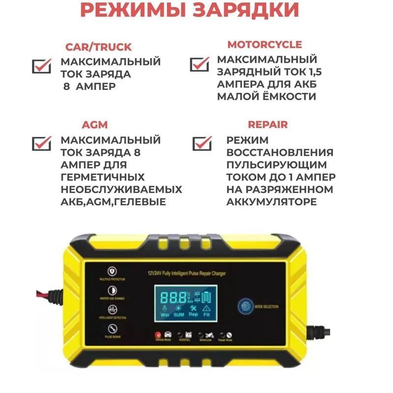 картинка Зарядное устройство TA-SC248 для аккумулятора автомобиля 12/24В, 8/4А от магазина "мир Электроники"