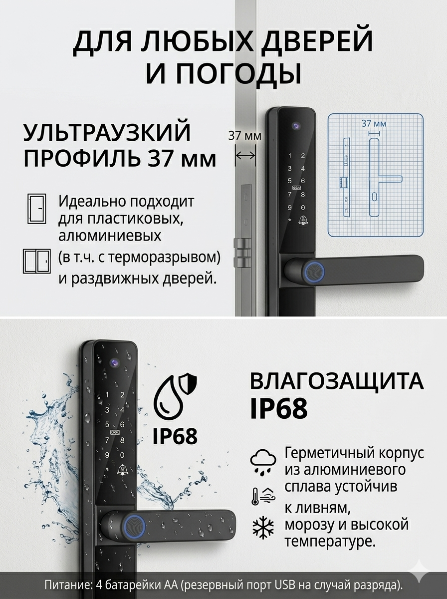 картинка Замок дверной Tuya S022, WIFI, видеоглазок, IP68, 4585, черный от магазина "мир Электроники"