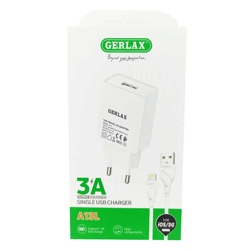 картинка Зарядное устройство GERLAX A13L, 15W 3А, шнур IP от магазина "мир Электроники"