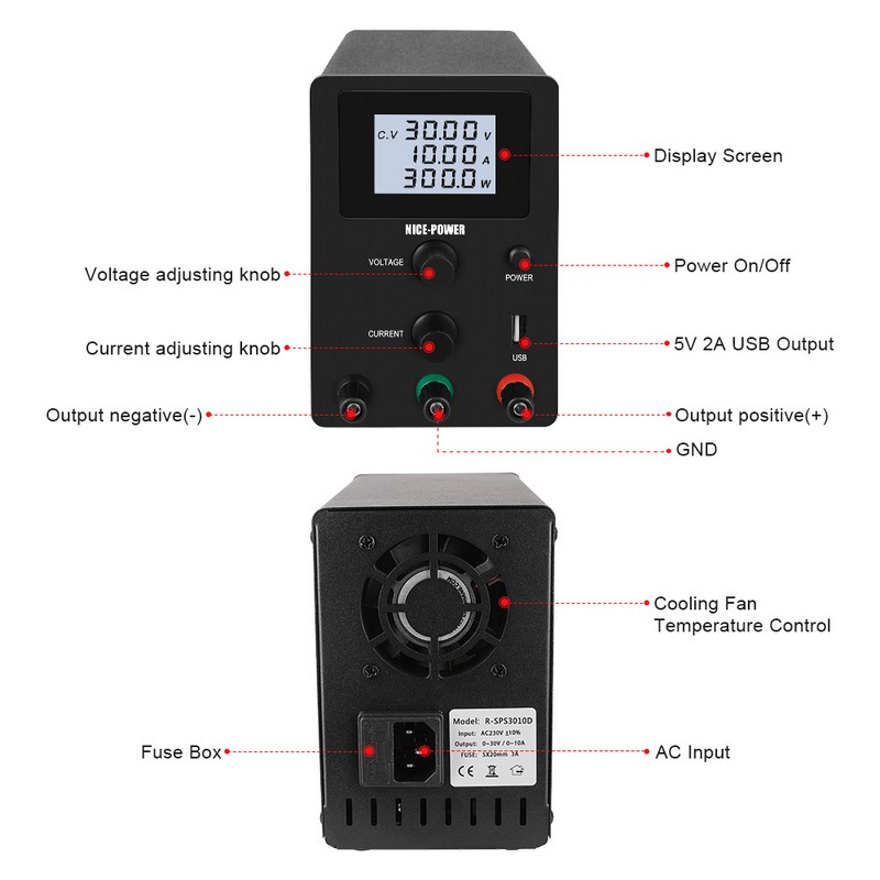 картинка Блок питания NICE SPS3010D, 0-30В/10А, USB, LCD 3 индикатора, черный от магазина "мир Электроники"