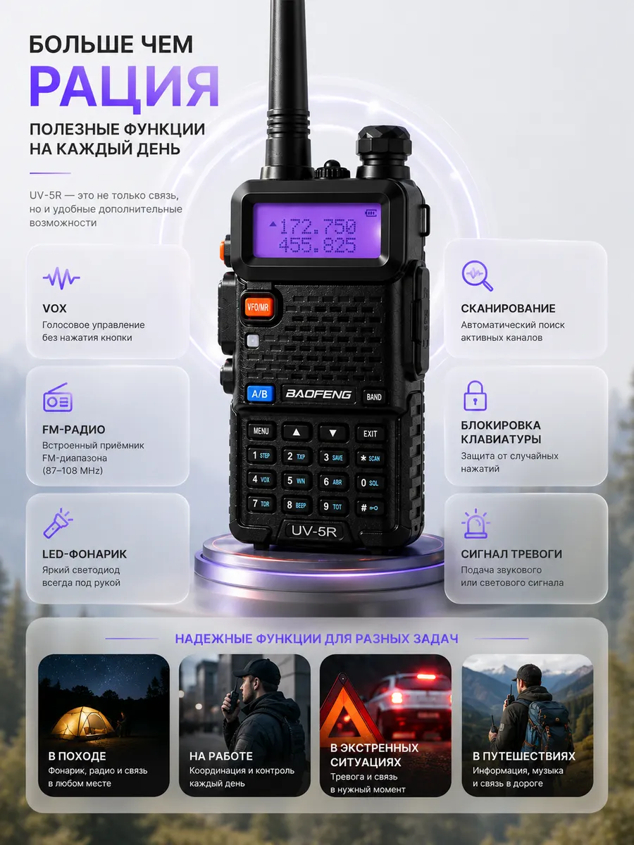 картинка Рация Baofeng UV-5R, 136–174 МГц, 400–520 МГц, 5 Вт, шт. от магазина "мир Электроники"