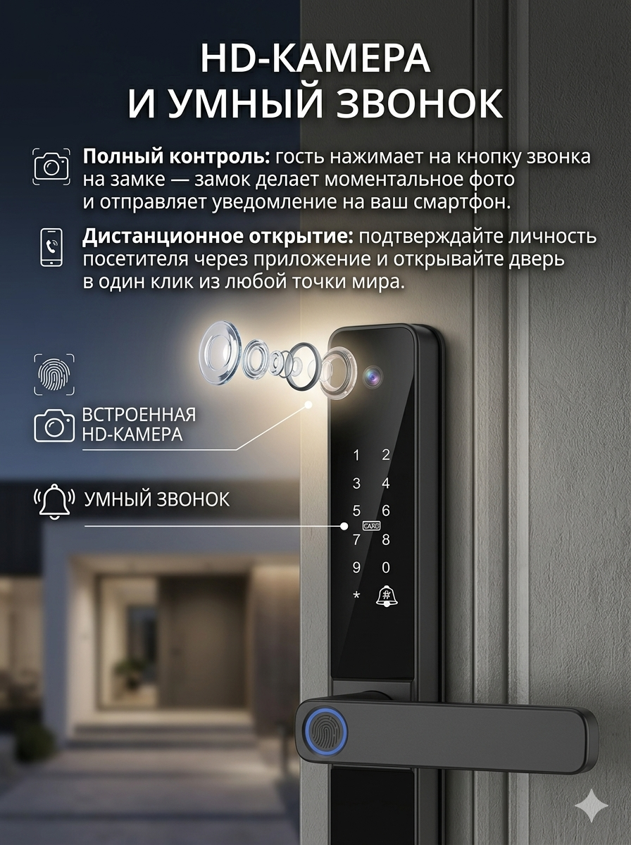 картинка Замок дверной Tuya S022, WIFI, видеоглазок, IP68, 4585, черный от магазина "мир Электроники"