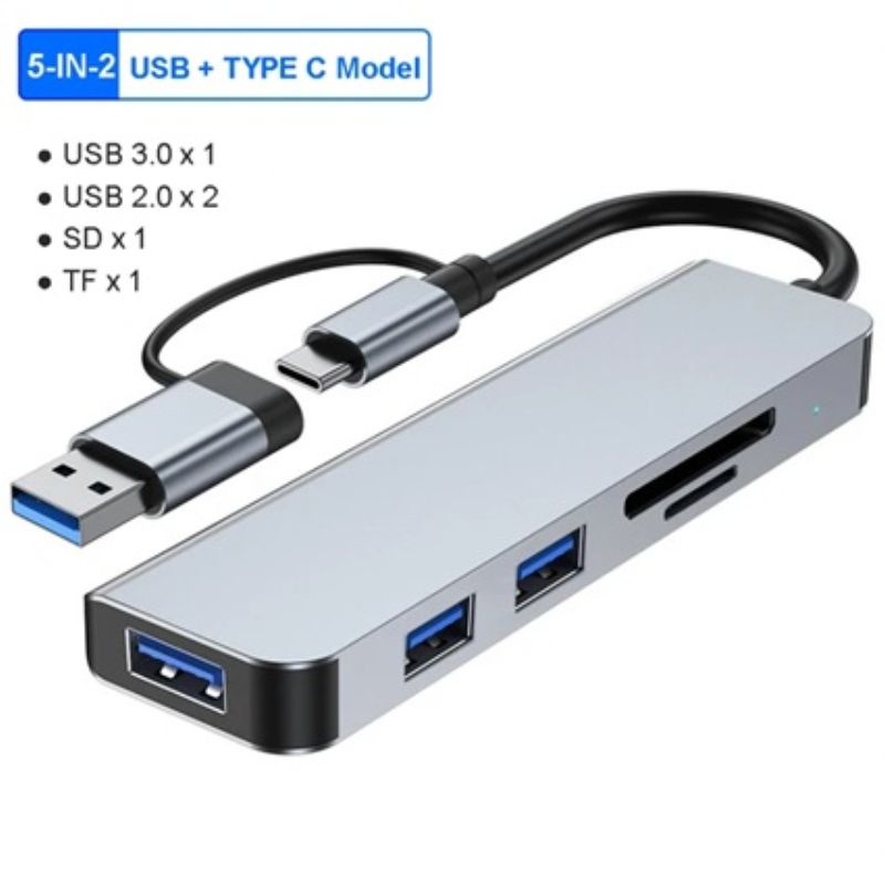 картинка Адаптер 5 в 1 USB (Type-C) HUB концентратор, 1USB 3.0, 2USB 2.0, кард ридер от магазина "мир Электроники"