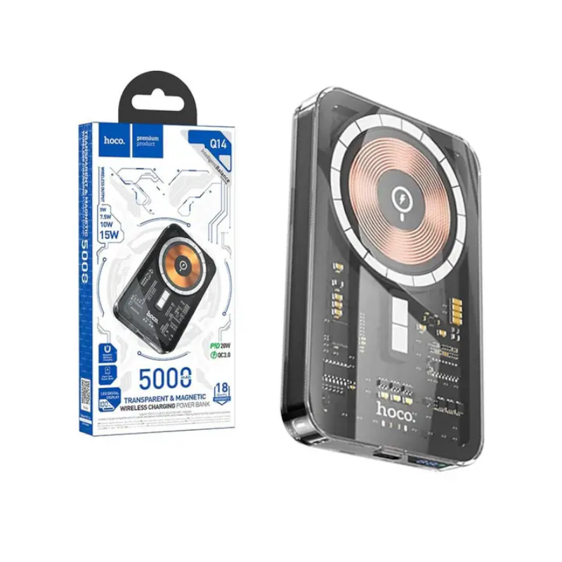картинка POWER BANK HOCO Q14, 5000 мАч, PD 20 Вт, QC 3.0, Type-C, беспроводная зарядка от магазина "мир Электроники"