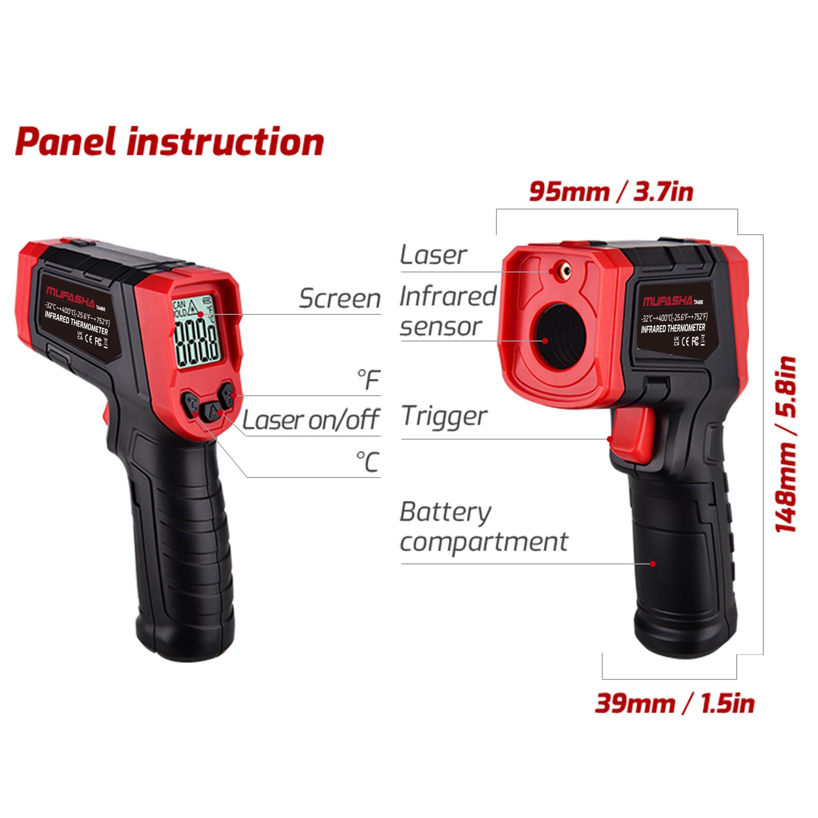 картинка Инфракрасный пирометр Mufasha TA400 с лазером до 400 град, черный от магазина "мир Электроники"