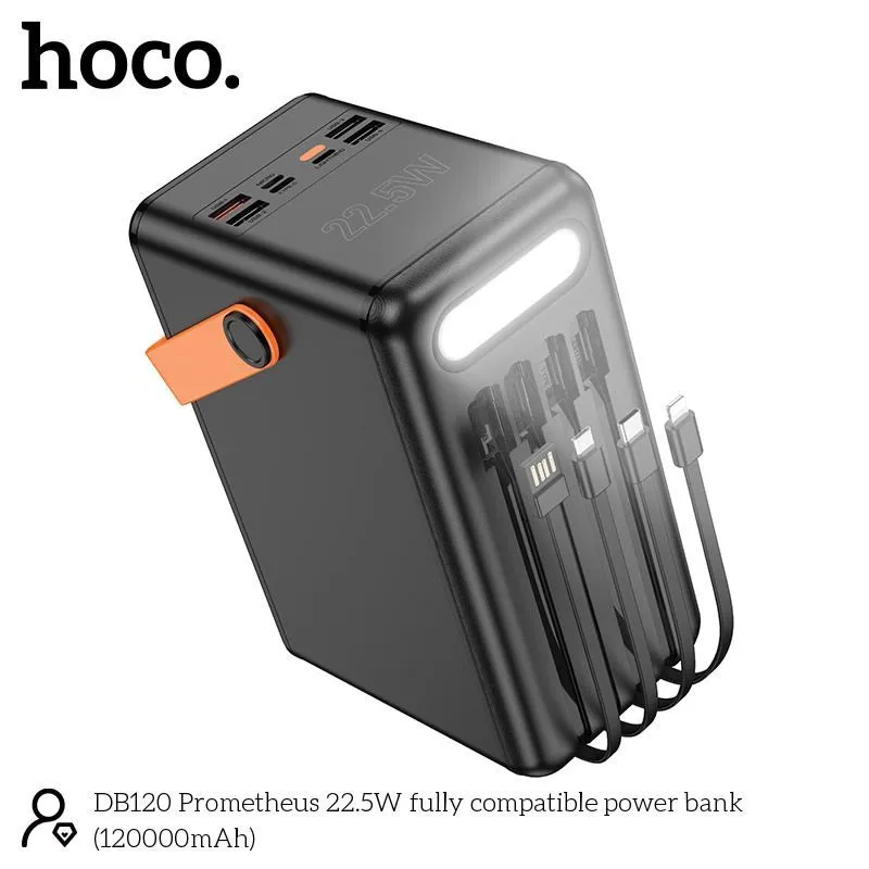 картинка Power Bank HOCO DB120 Prometheus, 120 000 mAh, Quick Charge/QC + Power Delivery до 22.5 Вт, с LED‑дисплеем, фонариком и встроенными кабелями от магазина "мир Электроники"
