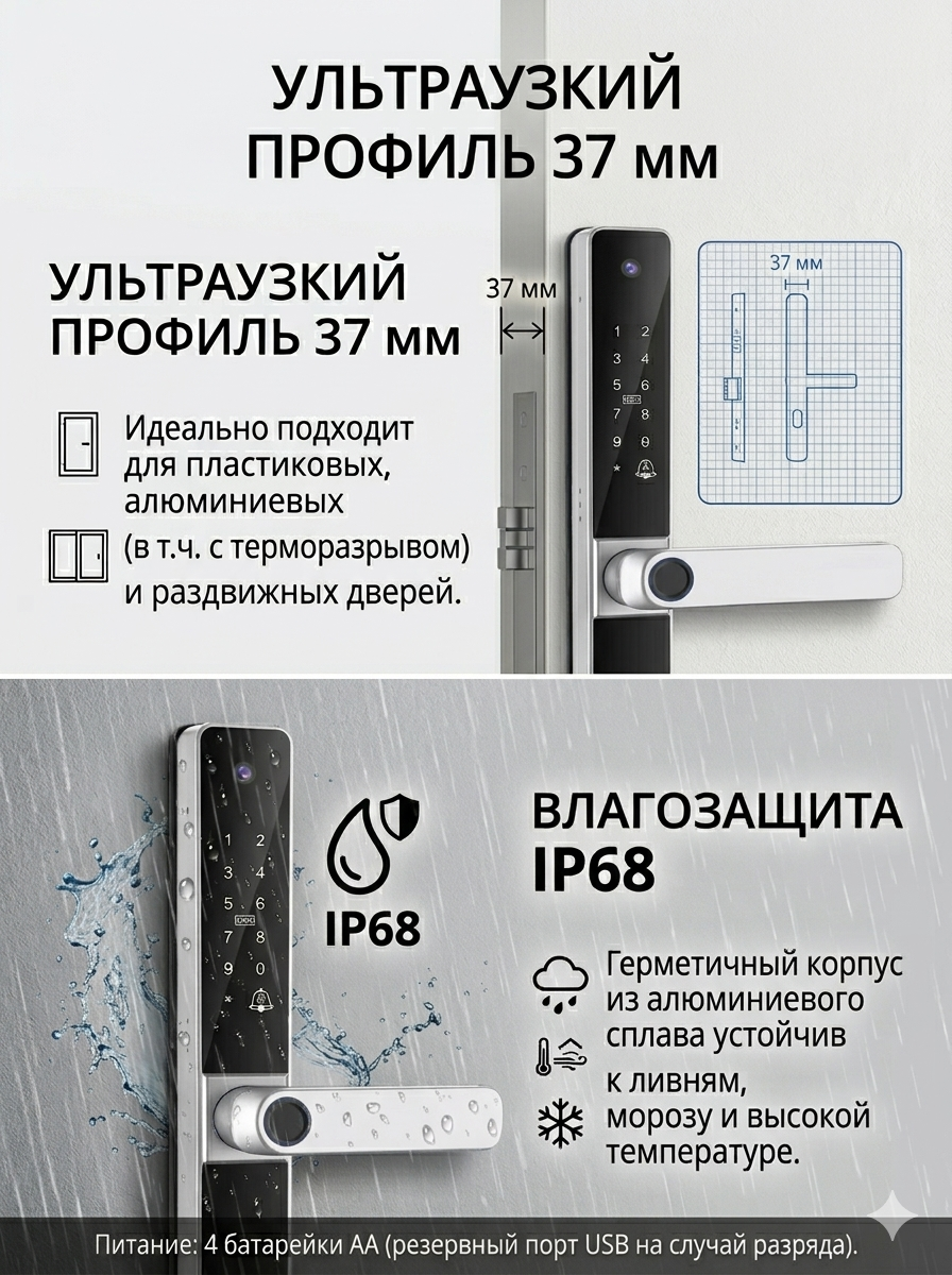 картинка Замок дверной Tuya S022, WIFI, видеоглазок, IP68, 4585, серебро от магазина "мир Электроники"