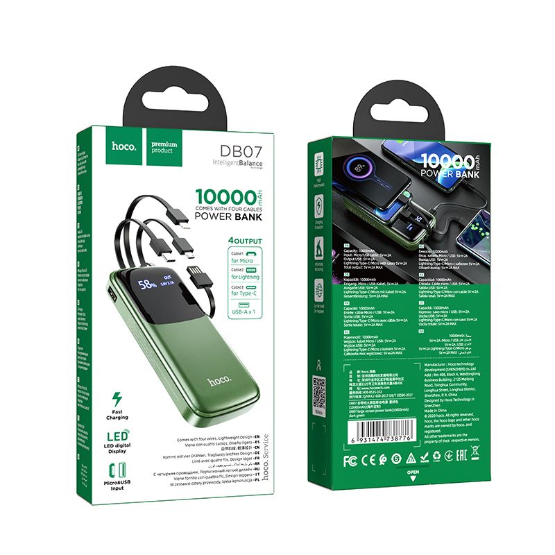 картинка Power Bank HOCO DB07 10000 мАч, 4 Выхода, быстрая зарядка от магазина "мир Электроники"