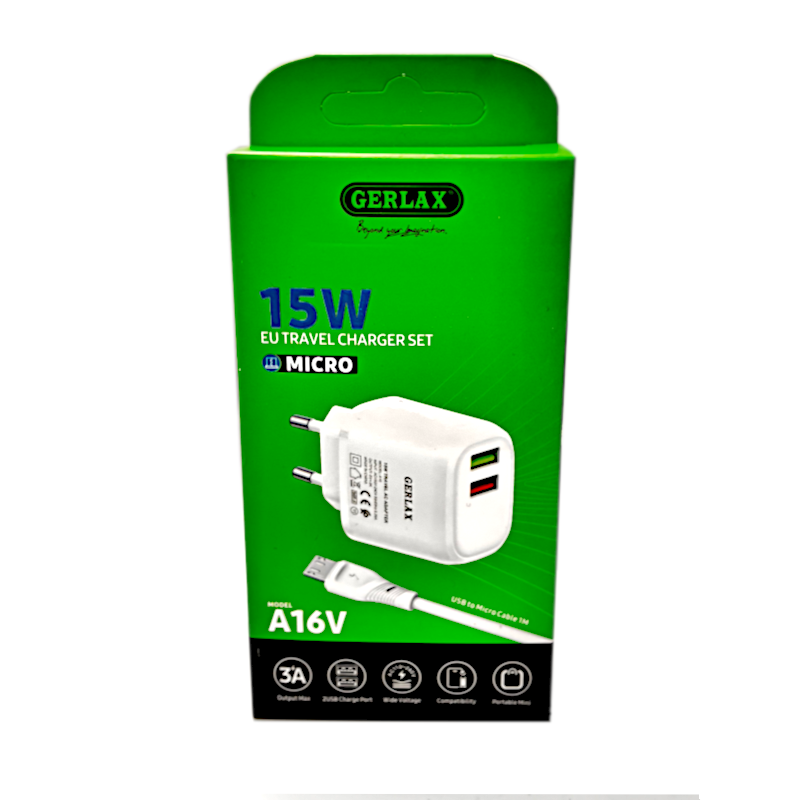 картинка Зарядное устройство GERLAX A16V, 15W 3А, 2USB, шнур микро от магазина "мир Электроники"