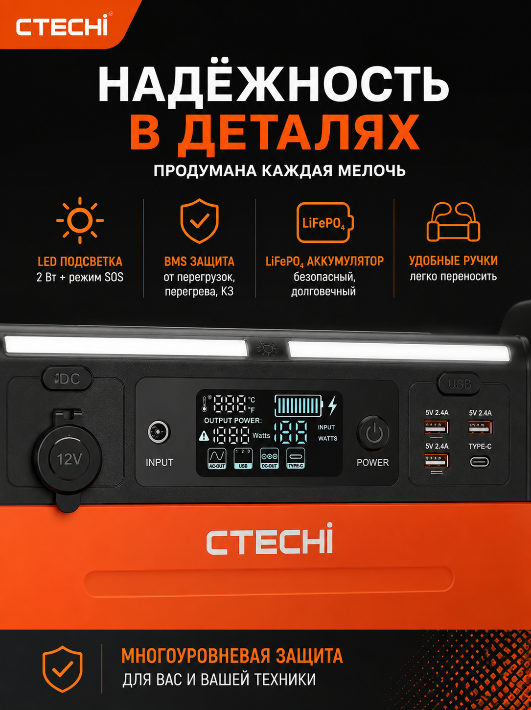 картинка Портативная электростанция CTECHI GT1500, 1210 Втч, 1500 Вт от магазина "мир Электроники"