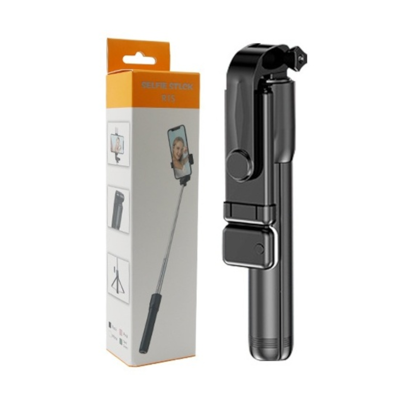 картинка Монопод селфи R1S тренога телескопический с кнопкой, подсветка от магазина "мир Электроники"