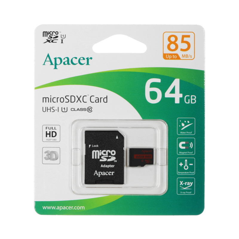 картинка SD Карта памяти Apacer AP64GMCSX10U5-R 64GB + адаптер от магазина "мир Электроники"