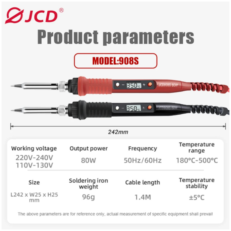 картинка Паяльник JCD908S 220В 80Вт с цифровым терморегулятором в коробке от магазина "мир Электроники"