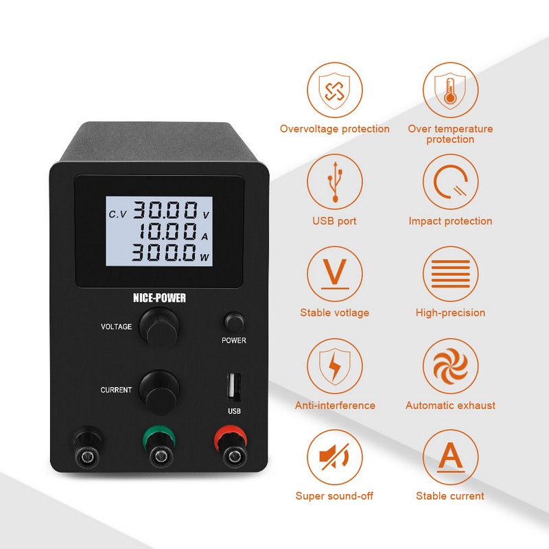 картинка Блок питания NICE SPS3010D, 0-30В/10А, USB, LCD 3 индикатора, черный от магазина "мир Электроники"