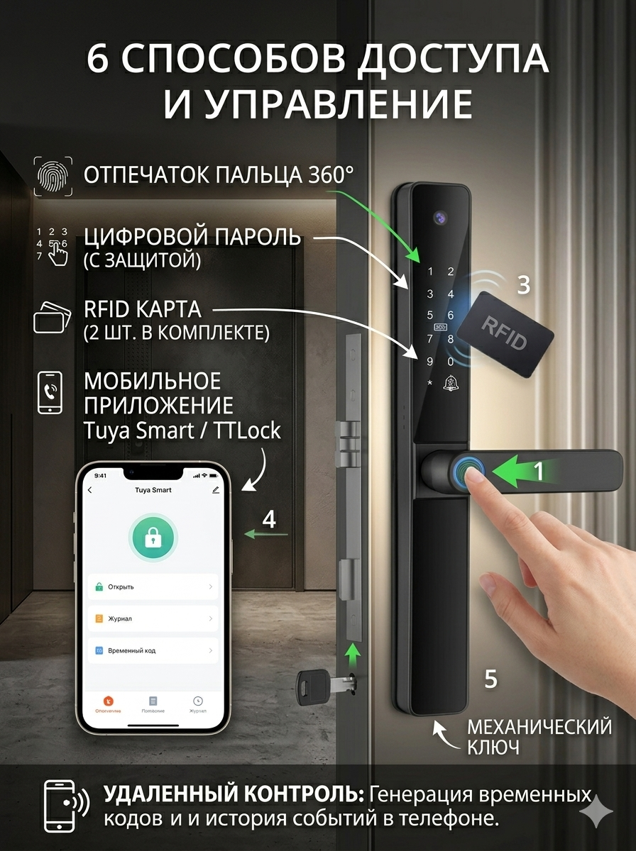 картинка Замок дверной Tuya S022, WIFI, видеоглазок, IP68, 4585, черный от магазина "мир Электроники"