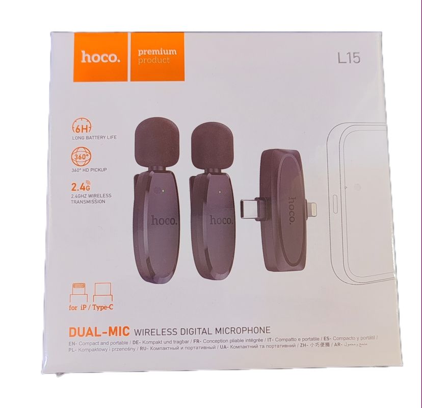 картинка Микрофон петличка беспроводной HOCO L15, 2 микрофона, Type-C, IP, до 6 ч от магазина "мир Электроники"