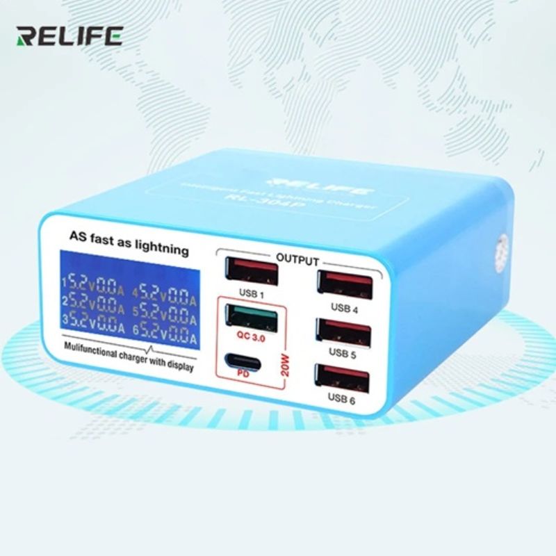 картинка Зарядное устройство RELIFE RL-304P, 6-портов, QC3.0, дисплей, PD 40Вт от магазина "мир Электроники"