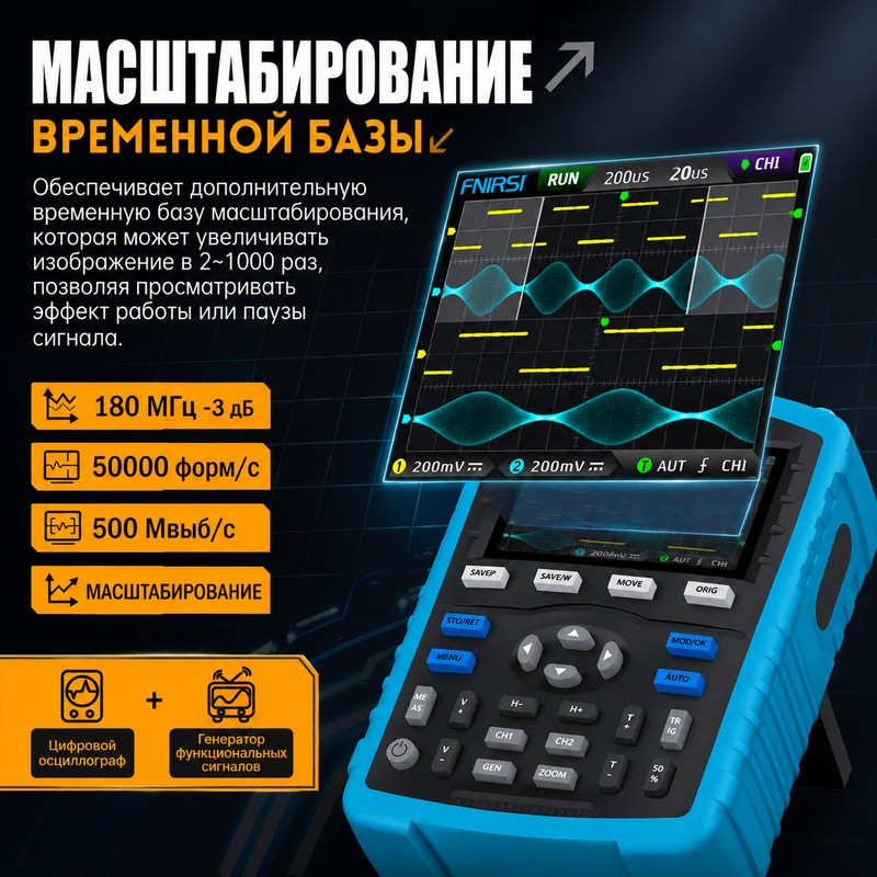 картинка Осциллограф FNIRSI DPOX180H 2 канала, 180 МГц, 3000 мАч, генератор, от магазина "мир Электроники"