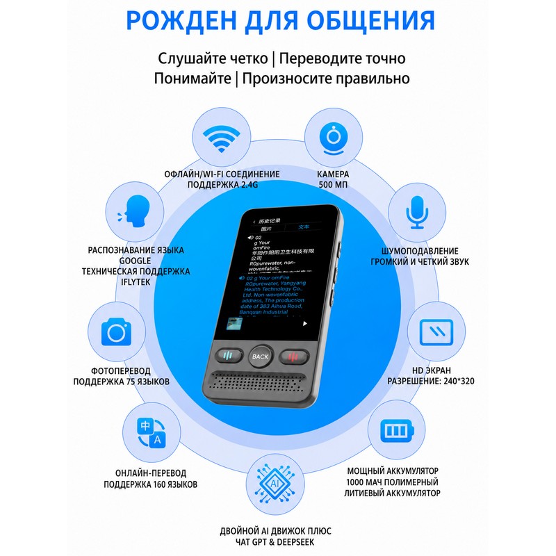 картинка Переводчик AI T13, WIFI Android 7, 1/8 ГБ, 160/17 языков, 1500 мАч, шт. от магазина "мир Электроники"