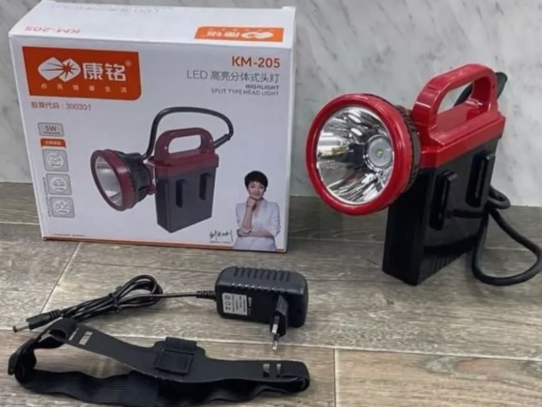 картинка Фонарь шахтерский ручной/налобный с мощным аккумулятором KM-206 от магазина "мир Электроники"