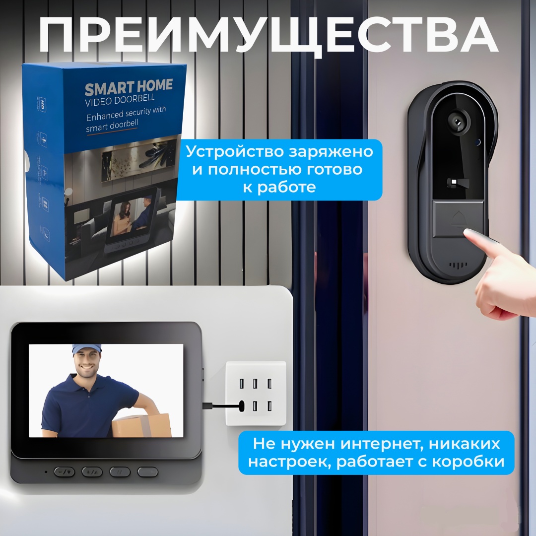 картинка Звонок с камерой беспроводной M15S, IPS 4.3", 1080p, уличный, аккумулятор от магазина "мир Электроники"