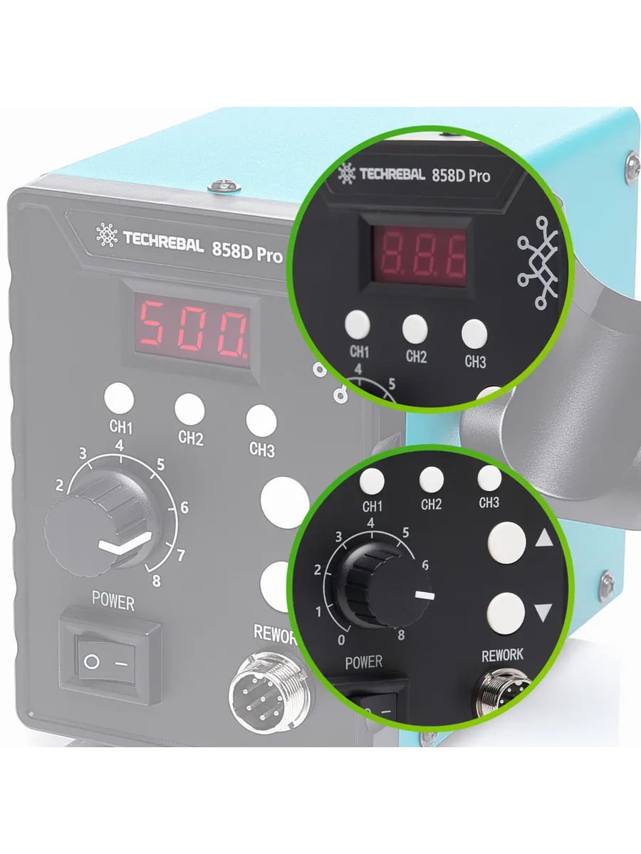 картинка Паяльный фен 858D Pro с запасными нагревателями от магазина "мир Электроники"