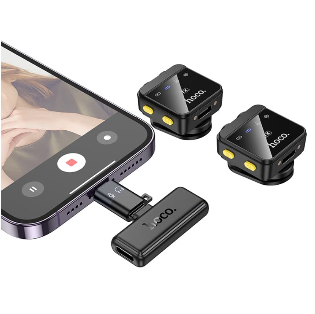 картинка Микрофон петличка беспроводной HOCO L17. 2 микрофона, Type-C, IP, до 6 ч от магазина "мир Электроники"