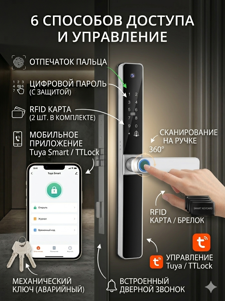 картинка Замок дверной Tuya S022, WIFI, видеоглазок, IP68, 4585, серебро от магазина "мир Электроники"