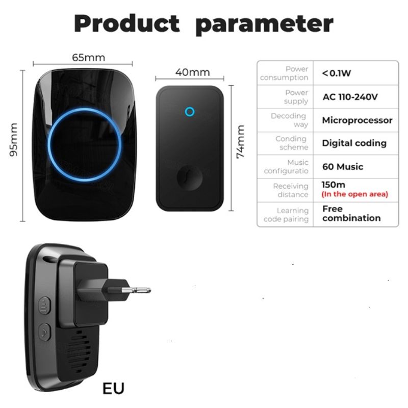 картинка Звонок беспроводной индукционный A16Q, 150 м, 60 мелодий, черный от магазина "мир Электроники"