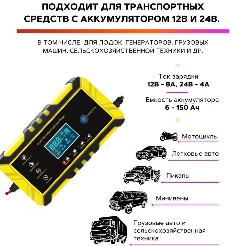 картинка Зарядное устройство TA-SC248 для аккумулятора автомобиля 12/24В, 8/4А от магазина "мир Электроники"