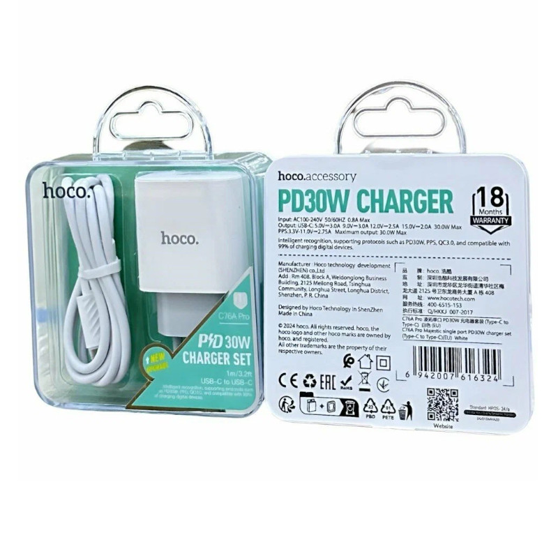 картинка Сетевое зарядное устройство Hoco C76A Pro, PD 30Вт, Type-C на Type-C от магазина "мир Электроники"