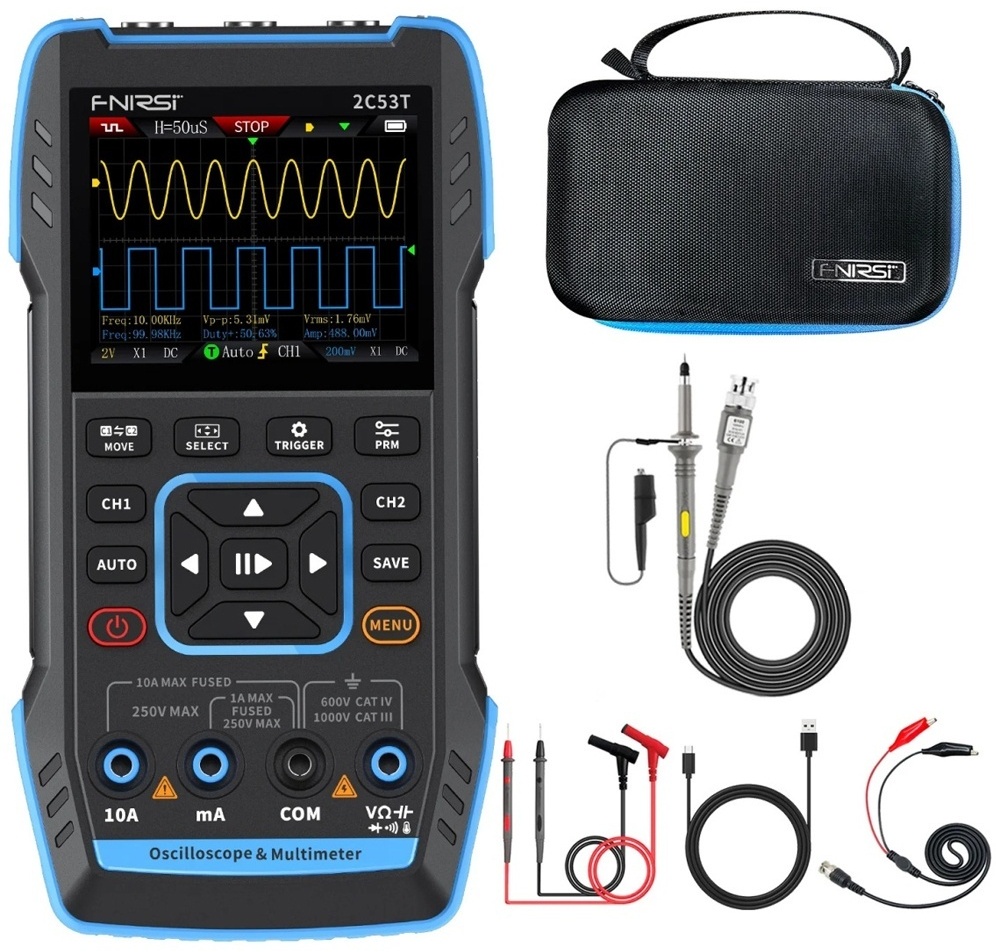 картинка Осциллограф портативный FNIRSI 2C53T, 2 канала до 50 мГц, генератор от магазина "мир Электроники"