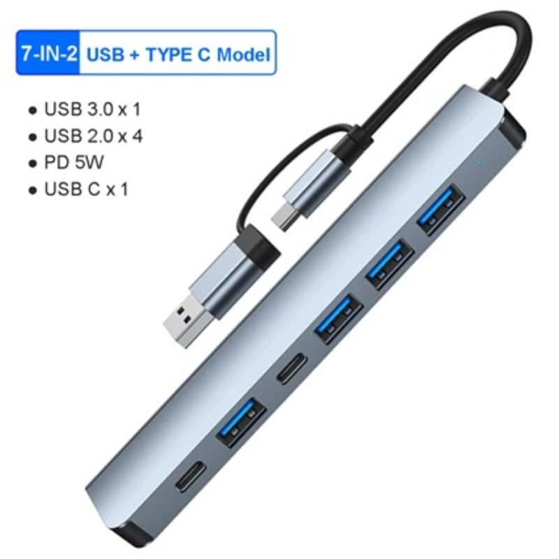 картинка Адаптер 7 в 1 USB (Type-C) HUB концентратор, 1USB 3.0, 3USB 2.0, PD 5W, USB-C от магазина "мир Электроники"