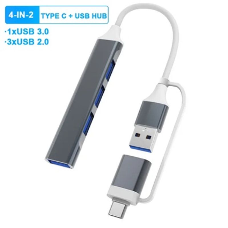 картинка Адаптер 4 в 1 USB (Type-C) HUB концентратор, 1USB 3.0, 3USB 2.0 от магазина "мир Электроники"