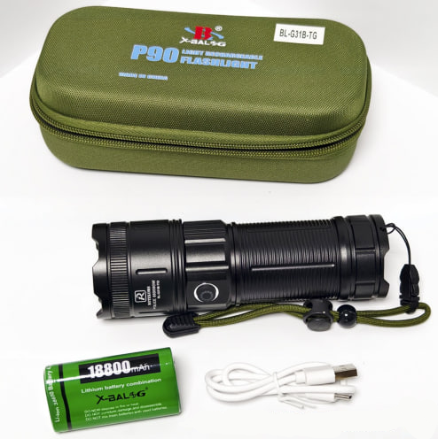 картинка Фонарик X-BAL BL-G31B-TG яркий, аккумулятор 38650 от магазина "мир Электроники"