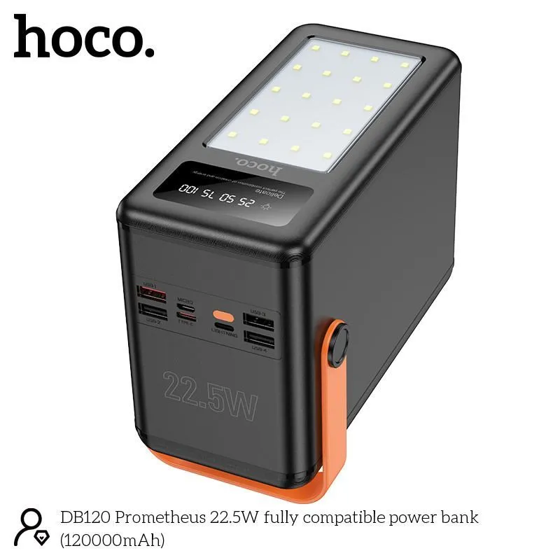 картинка Power Bank HOCO DB120 Prometheus, 120 000 mAh, Quick Charge/QC + Power Delivery до 22.5 Вт, с LED‑дисплеем, фонариком и встроенными кабелями от магазина "мир Электроники"