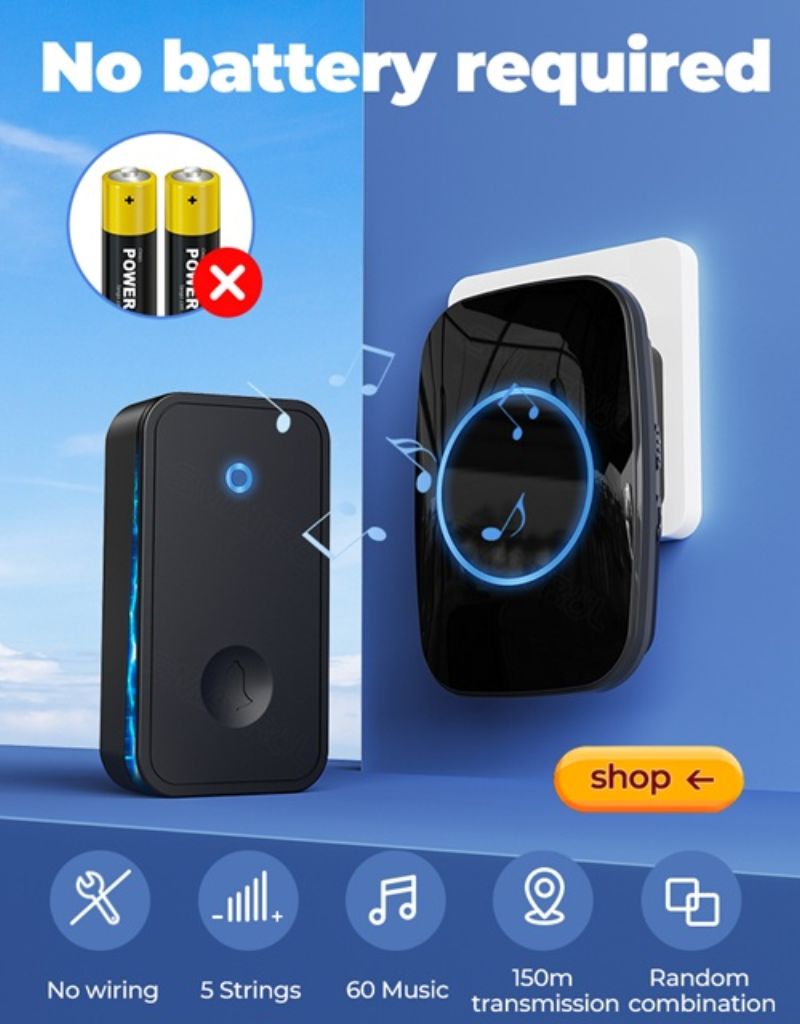 картинка Звонок беспроводной индукционный A16Q, 150 м, 60 мелодий, черный от магазина "мир Электроники"