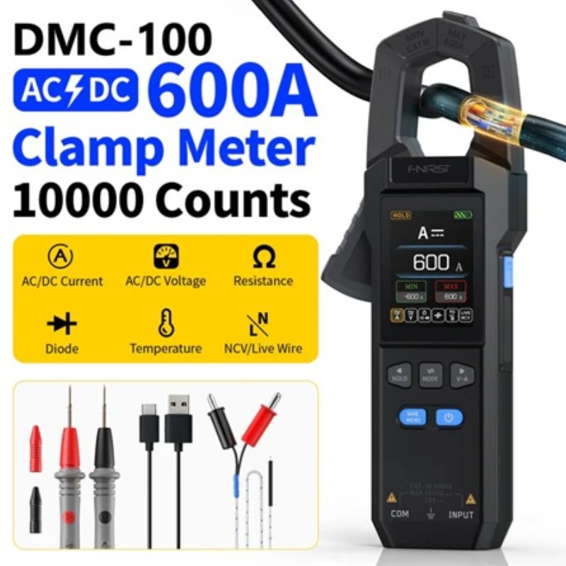картинка Токовые клещи FNIRSI DMC-100, 100/600А (AC, DC), 1500 мАч, мультиметр от магазина "мир Электроники"