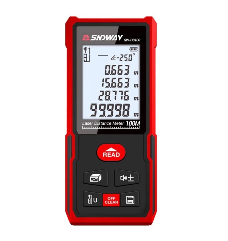 картинка Лазерный дальномер SW-DS100, рулетка до 100 м с памятью измерений, точность 2 мм, угломер от магазина "мир Электроники"