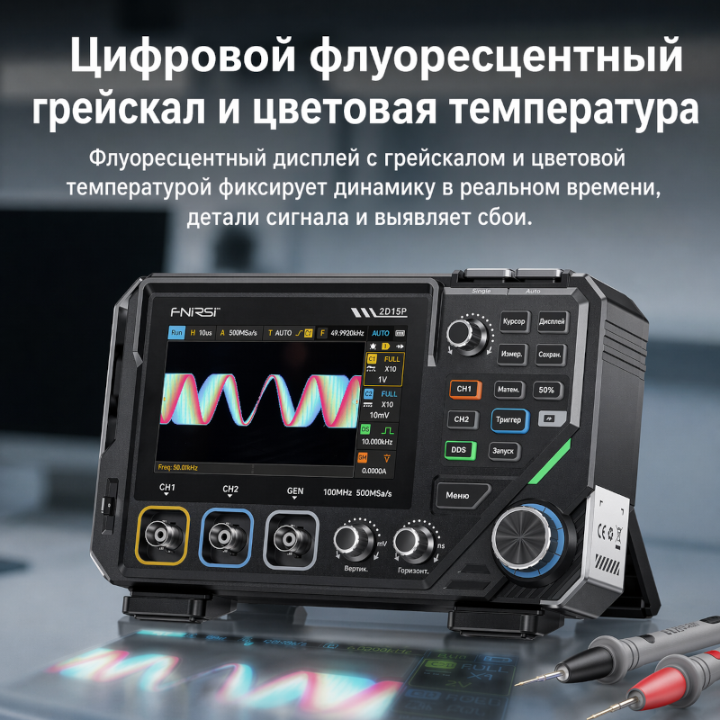 картинка Осциллограф Fnirsi 2D15P, 100 МГц, 2 канала, генератор 10 МГц от магазина "мир Электроники"