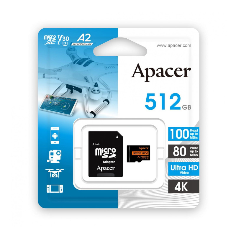 картинка SD карта Apacer AP512GMCSX10U8-R, MicroSDXC 512GB с адаптером от магазина "мир Электроники"