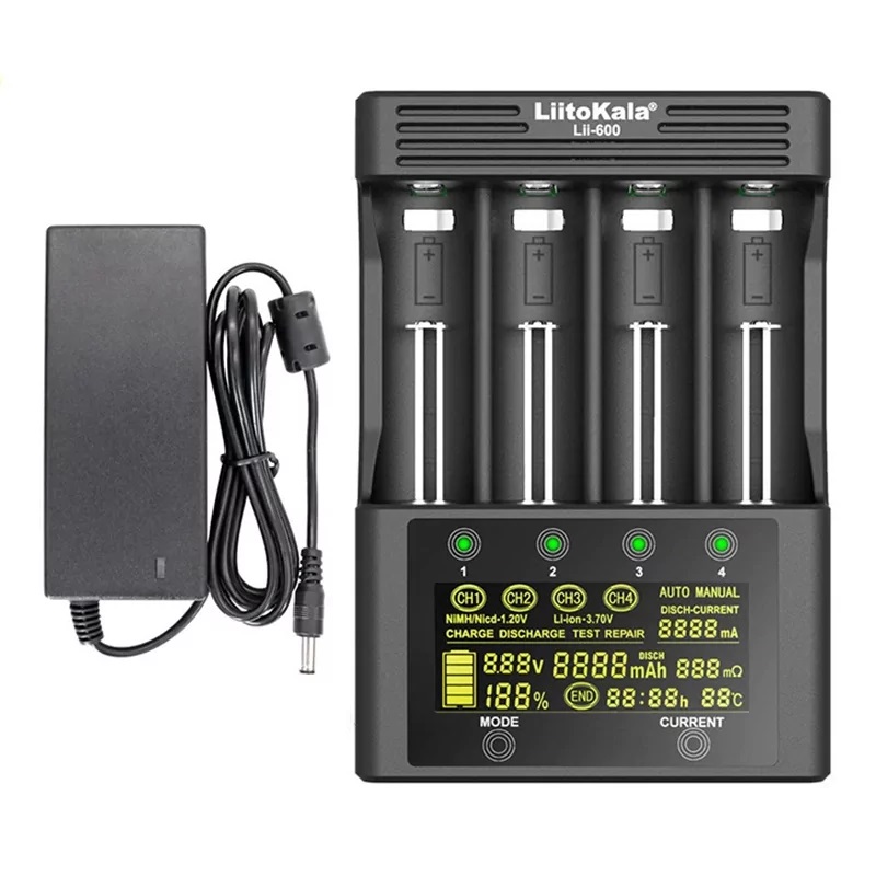 картинка 'Зарядное устройство LiitoKala Lii-600, 4 слота Li-Ion/NiMH + автолзарядка от магазина "мир Электроники"
