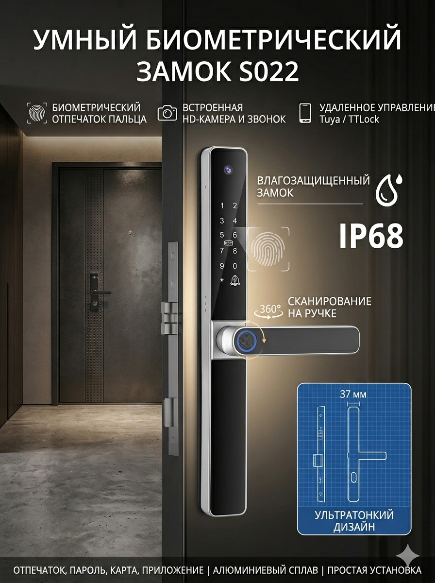 картинка Замок дверной Tuya S022, WIFI, видеоглазок, IP68, 4585, серебро от магазина "мир Электроники"
