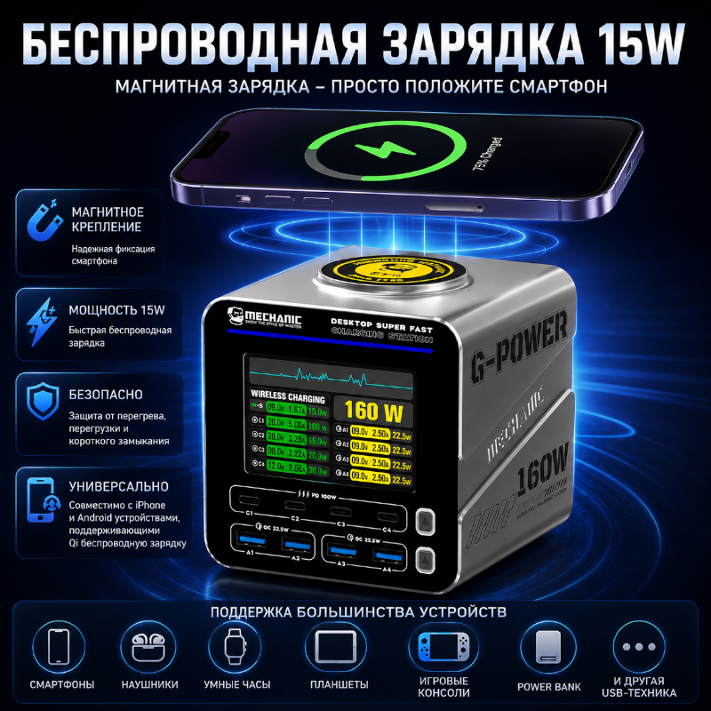 картинка Зарядная станция MECHANIC G-POWER 160W, 4USB-C PD 100W, 4USB-A PD 22,5W от магазина "мир Электроники"