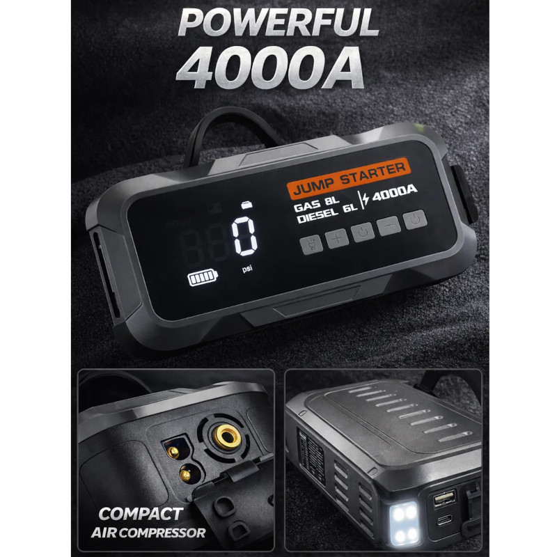 картинка Jump Starter 4000A+компрессор (бензин до 8л, дизель до 6л) от магазина "мир Электроники"
